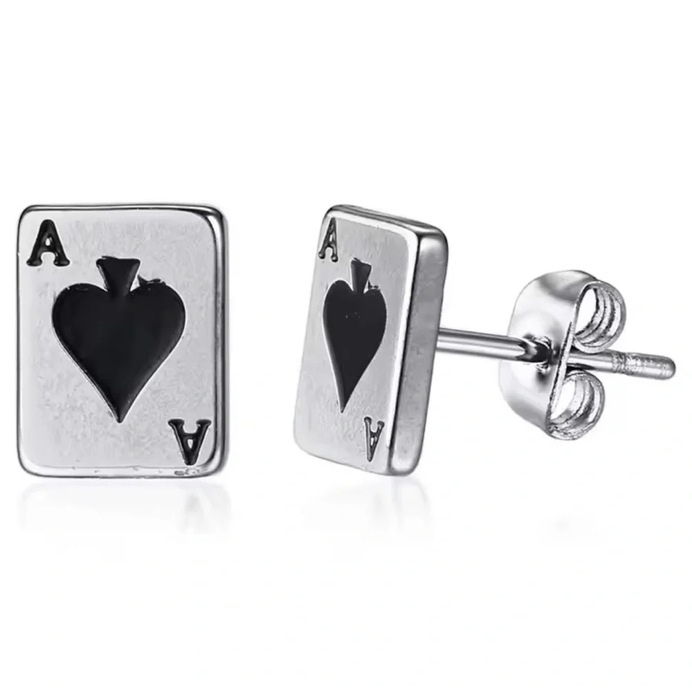 Sterling Silver Plated Stainless Steel Ace Of Spades Stud Earrings Unisex